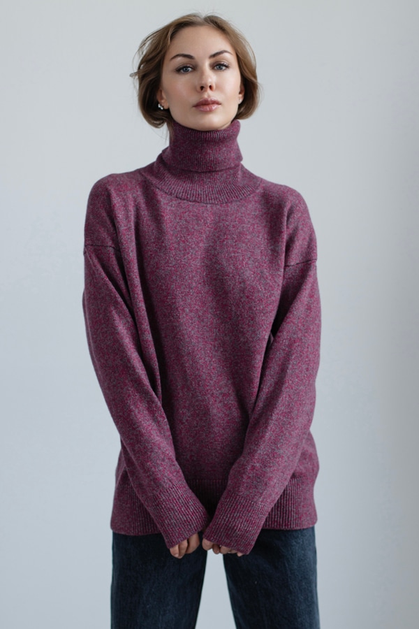 Шерстяной свитер оверсайз 100% шерсть premium merino wool двухцветный - Ягодный с серый