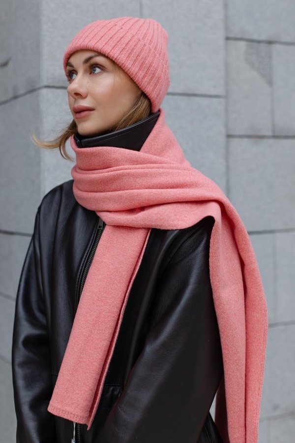 Шарф из пушистой шерсти 100% merino wool premium quality двухцветный - тауп с серым, фламинго