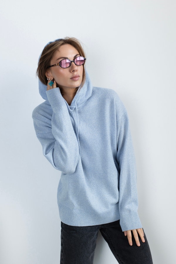 Худи оверсайз пушистой 100% шерсть premium merino wool двухцветный - Голубой