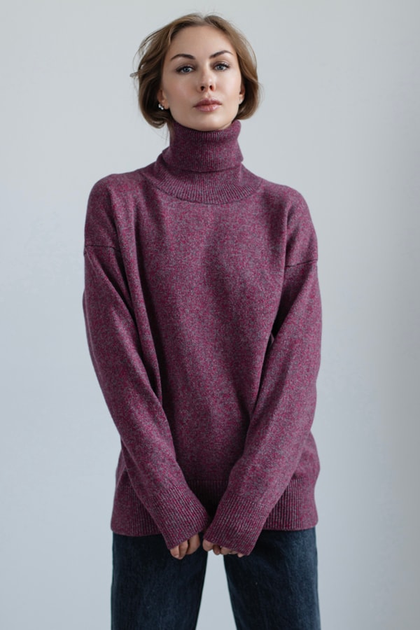 Шерстяной свитер оверсайз 100% шерсть premium merino wool двухцветный - Ягодный с серый